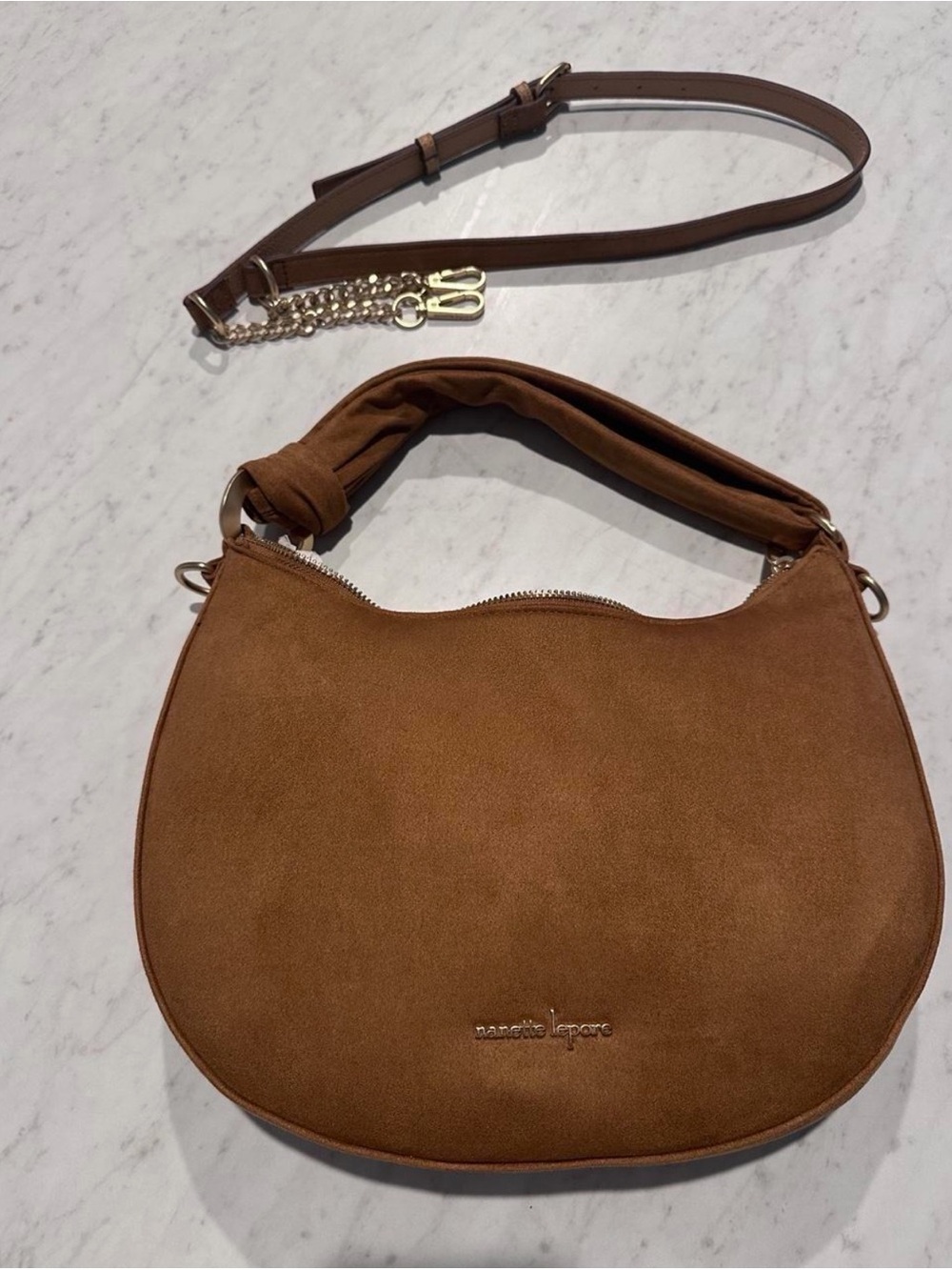 Brand-new Nanette Lepore Tan Suede Crescent Shoulder Bag with Knot Handle